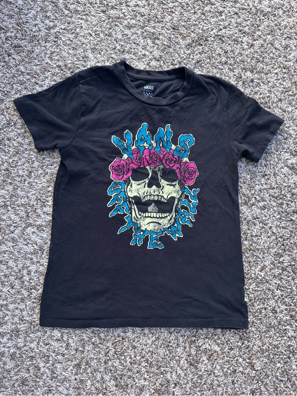 Y2k Vans Black Graphic Skull Tee with Pink Rose Detail